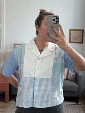 Harper Sage Patchwork Light Blue & White Short Sleeve Button Shirt